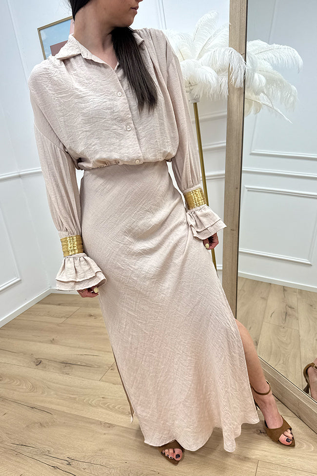 Vestito sabbia misto lino stropicciato con bracciali - HaveOne