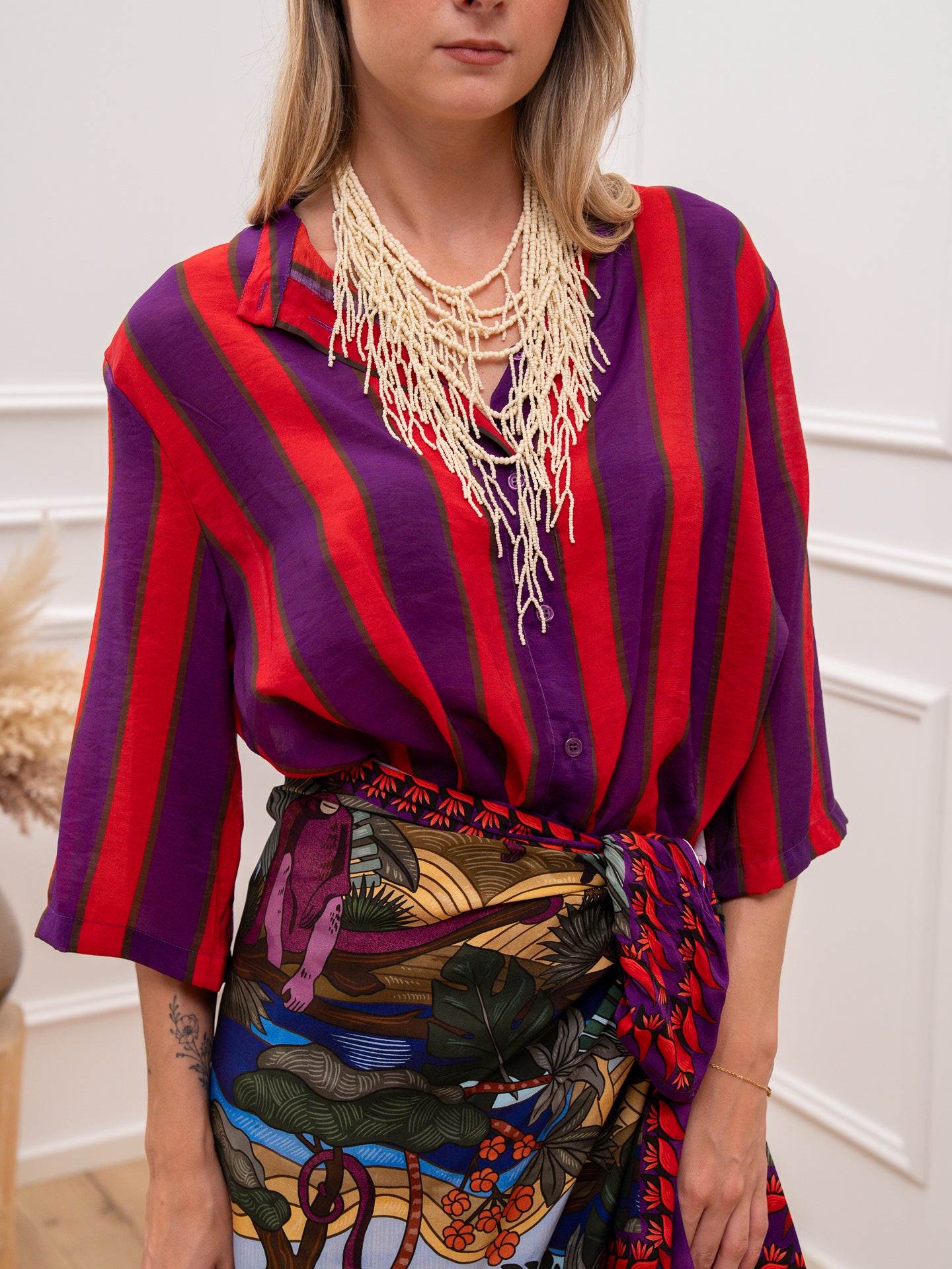 Camicia rigata Purple Jungle viola, rosso e moka - Dixie