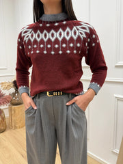 Maglia jacquard bordeaux, grigio e panna - HaveOne