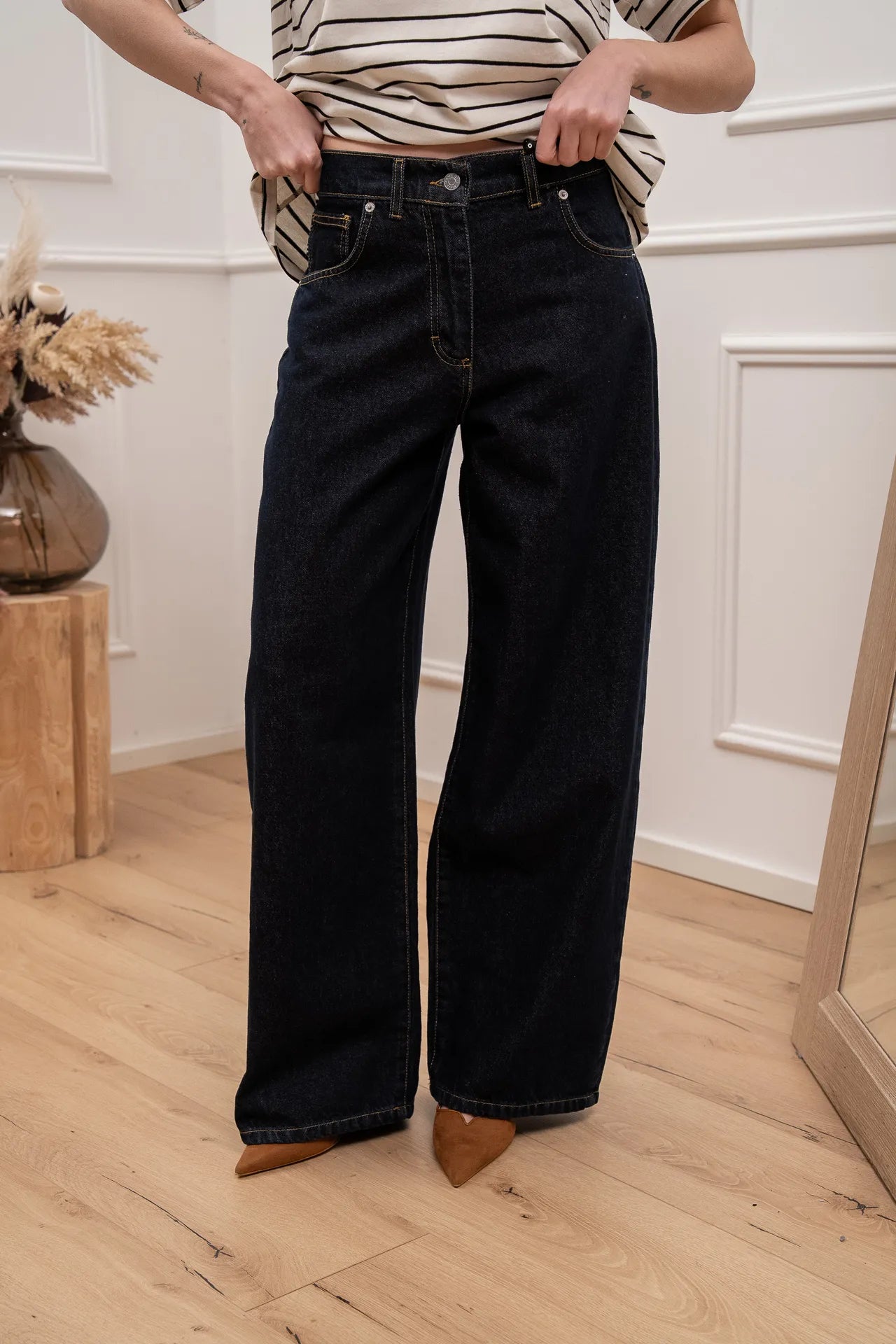 Jeans Bella denim scuro cuciture camel - HaveOne