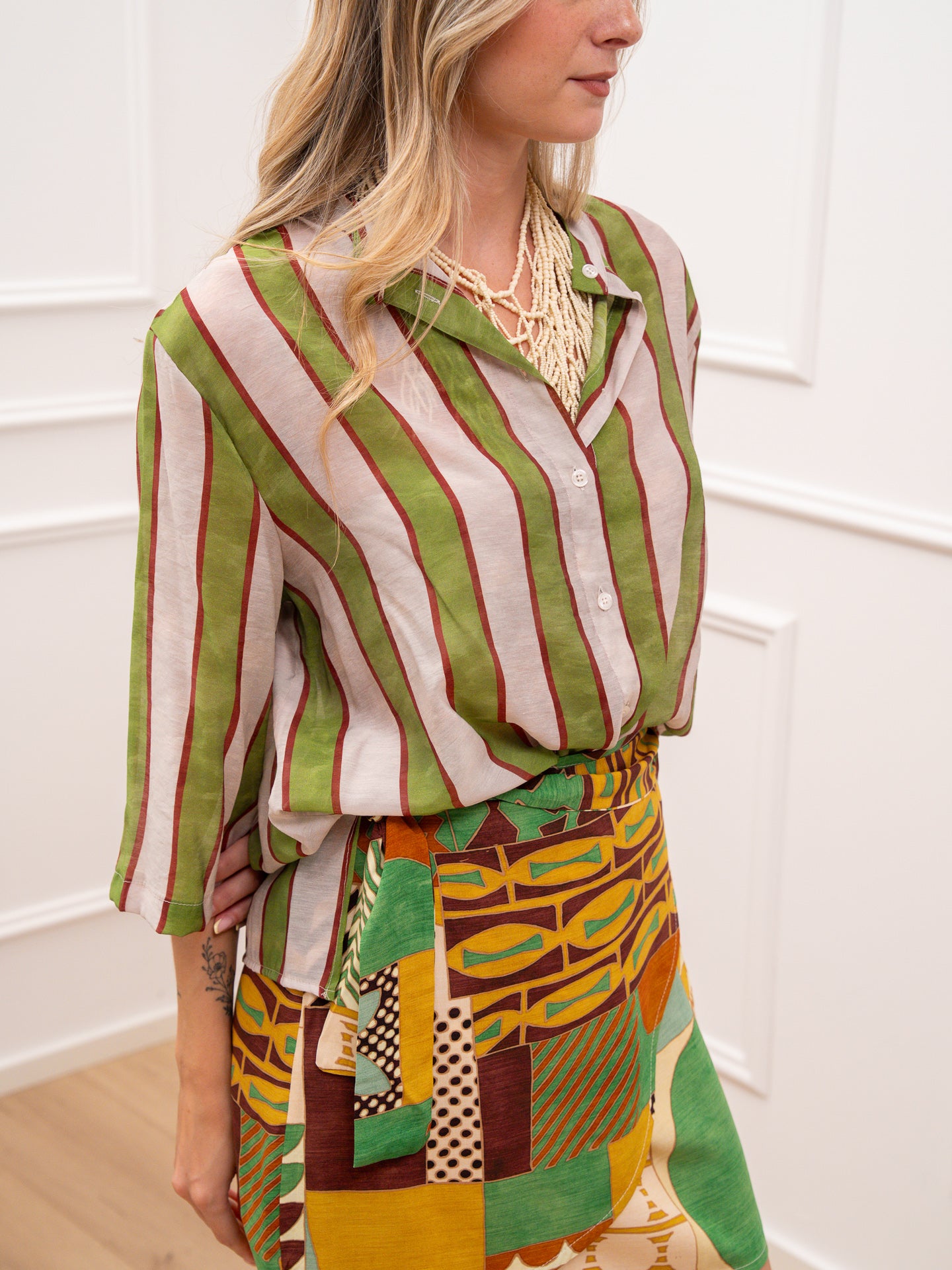 Camicia rigata Sardine verde, panna e terracotta - Dixie
