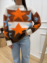 Maglia jacquard stelle moro, panna, coccio, arancio, azzurro - HaveOne