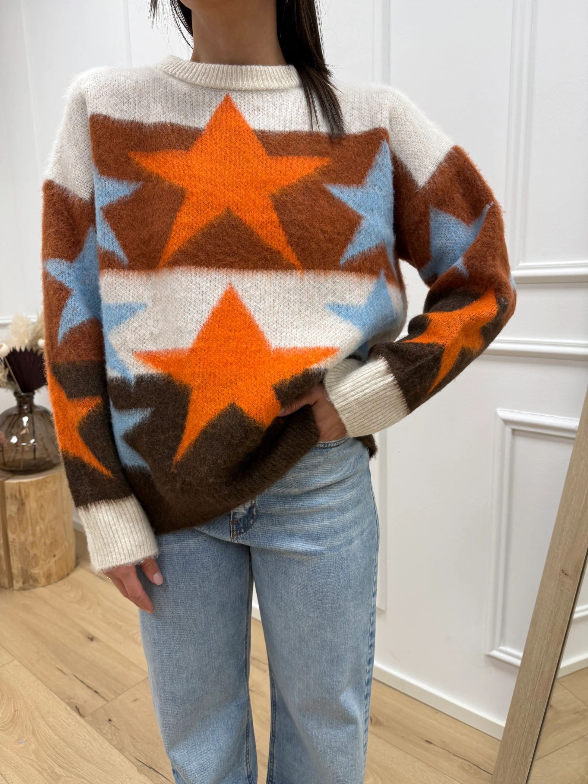 Maglia jacquard stelle moro, panna, coccio, arancio, azzurro - HaveOne