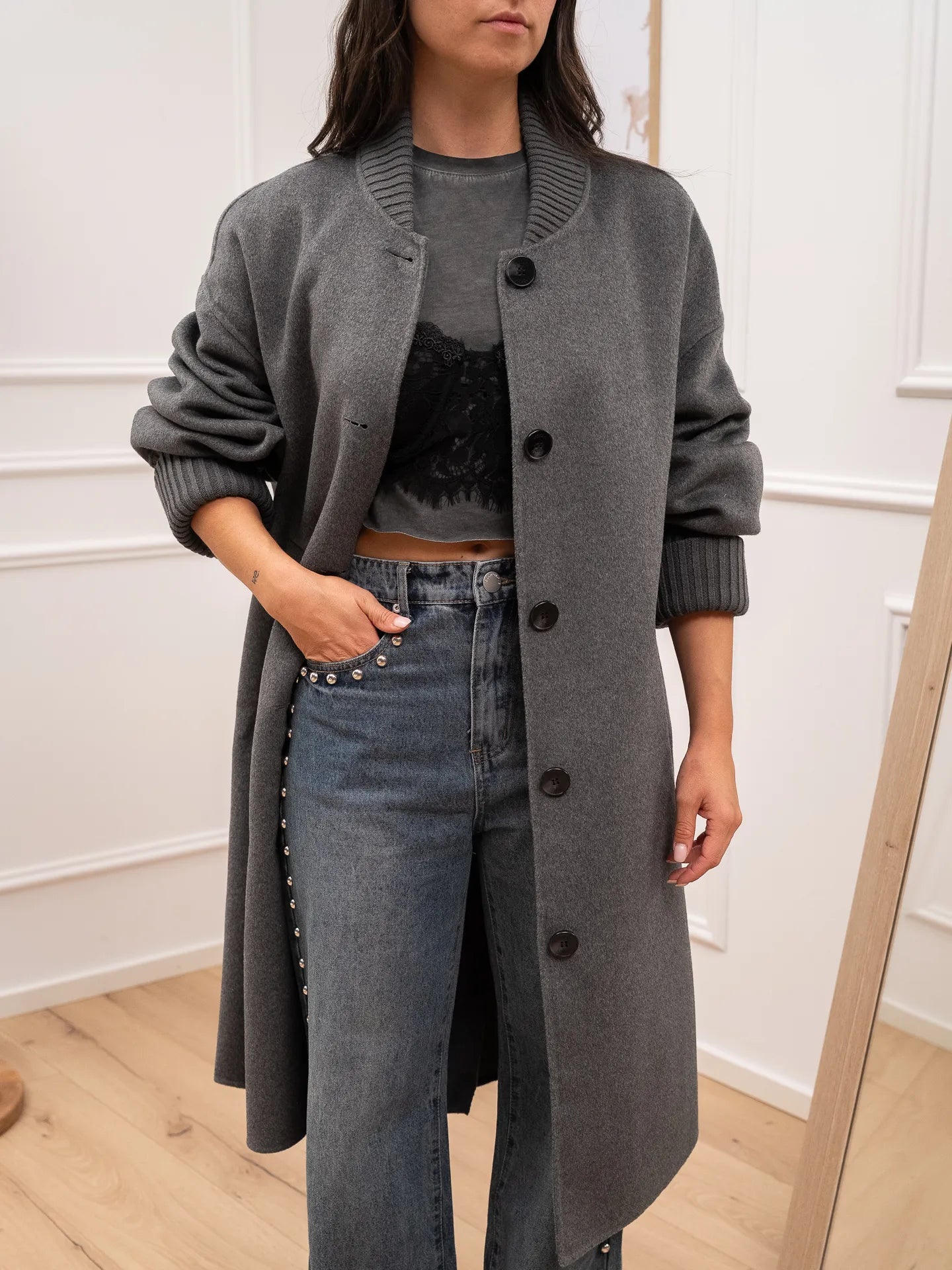 Cappotto lungo handmade grigio con polsini - Vicolo