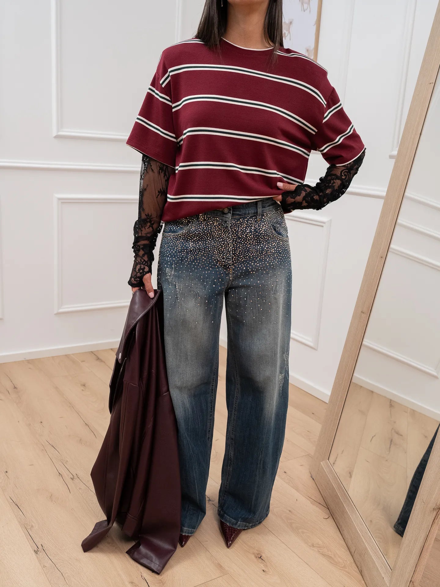 T shirt rigata bordeaux, verde con pizzo - Vicolo