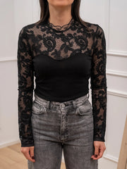 Maglia nera scollo a cuore con pizzo - HaveOne