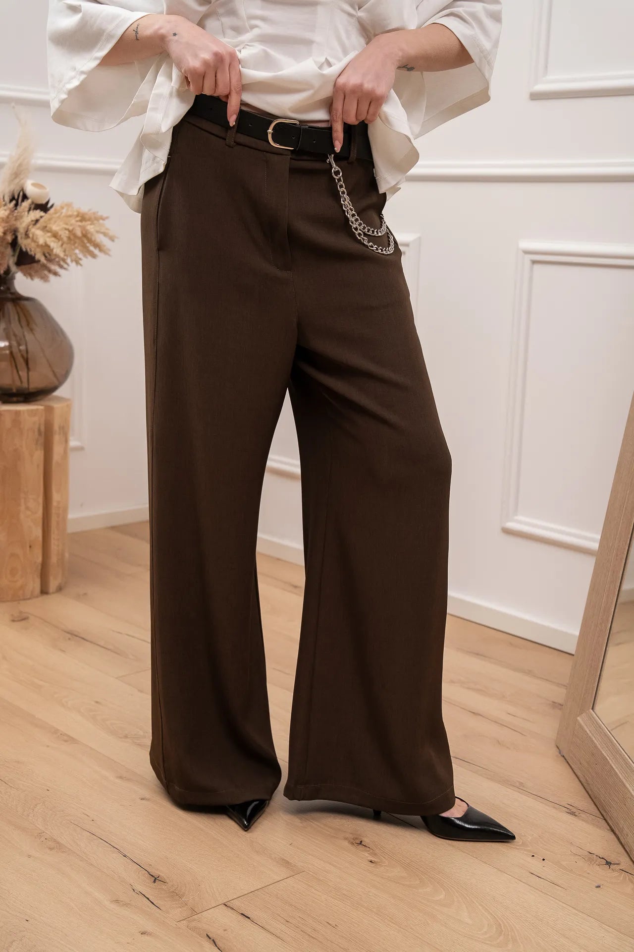 Pantaloni fiammati moka a palazzo con cintura - HaveOne