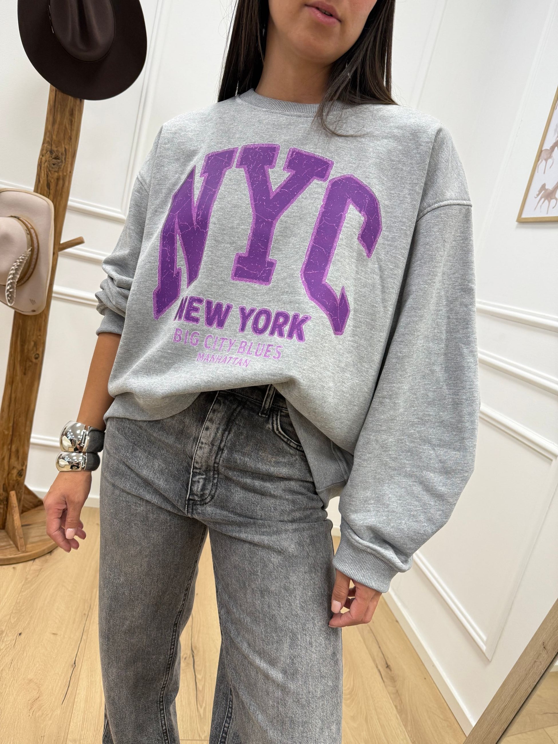 Felpa grigia Nyc viola - Vicolo