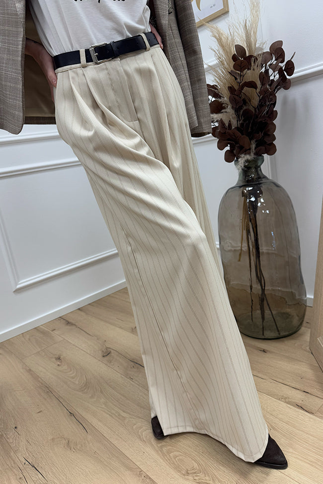 Pantaloni burro gessati a palazzo gamba ampia - HaveOne