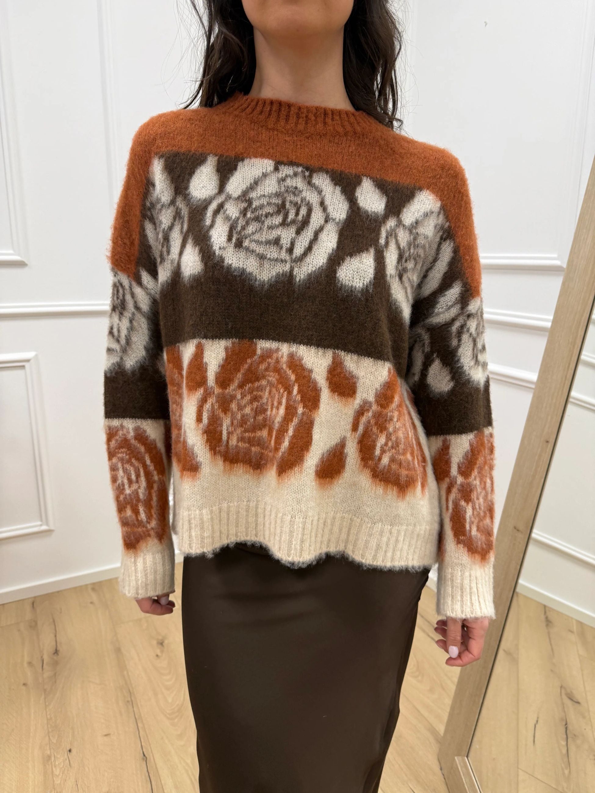 Maglia jacquard righe e fiori beige, coccio e moro - HaveOne