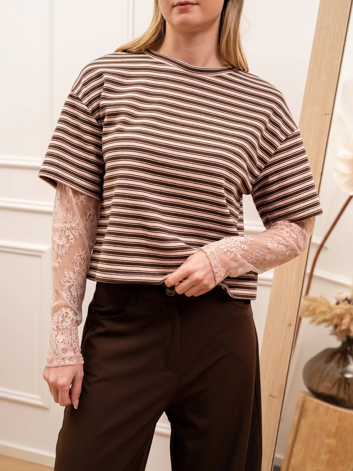 T shirt rigata rosa, burro, moro con maniche in pizzo - HaveOne