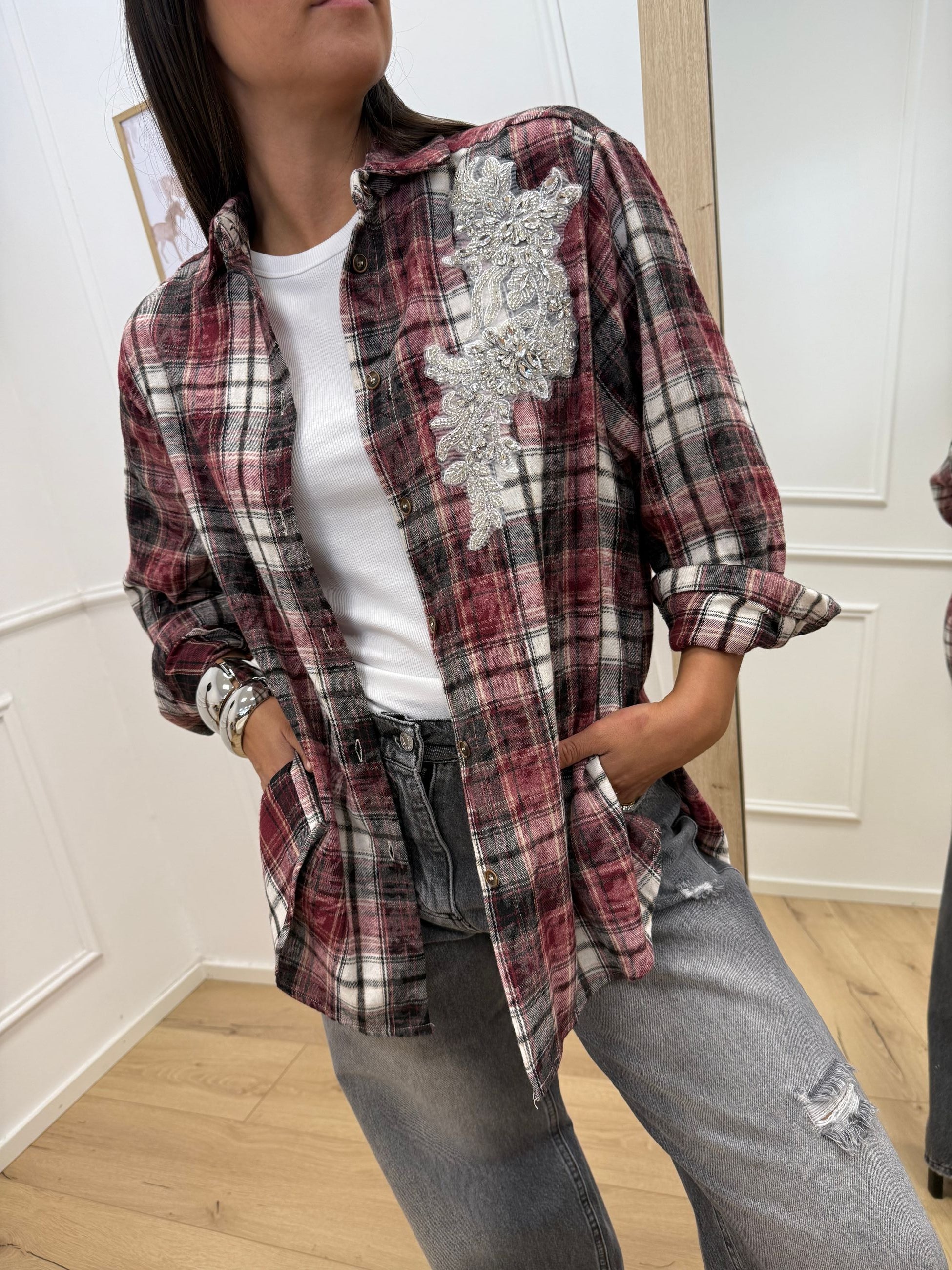 Camicia in flanella bordeaux patch gioiello - HaveOne