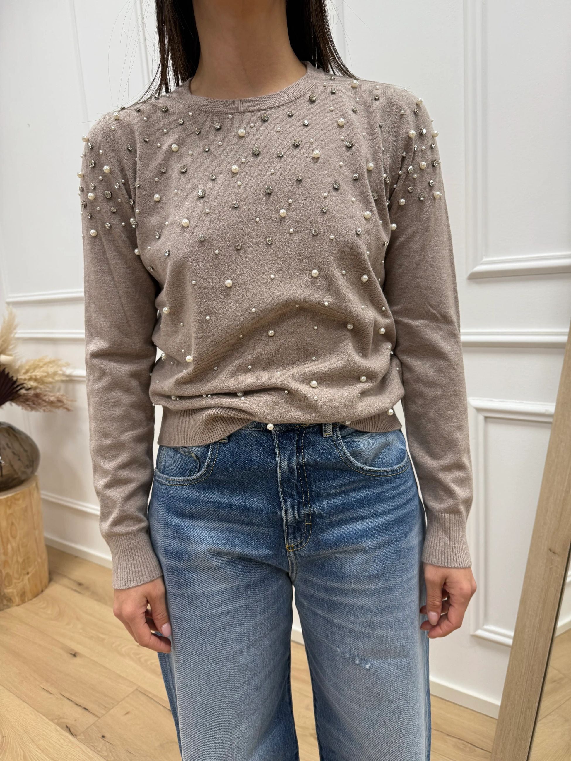 Maglia girocollo cipolla con perle e strass - You Decide