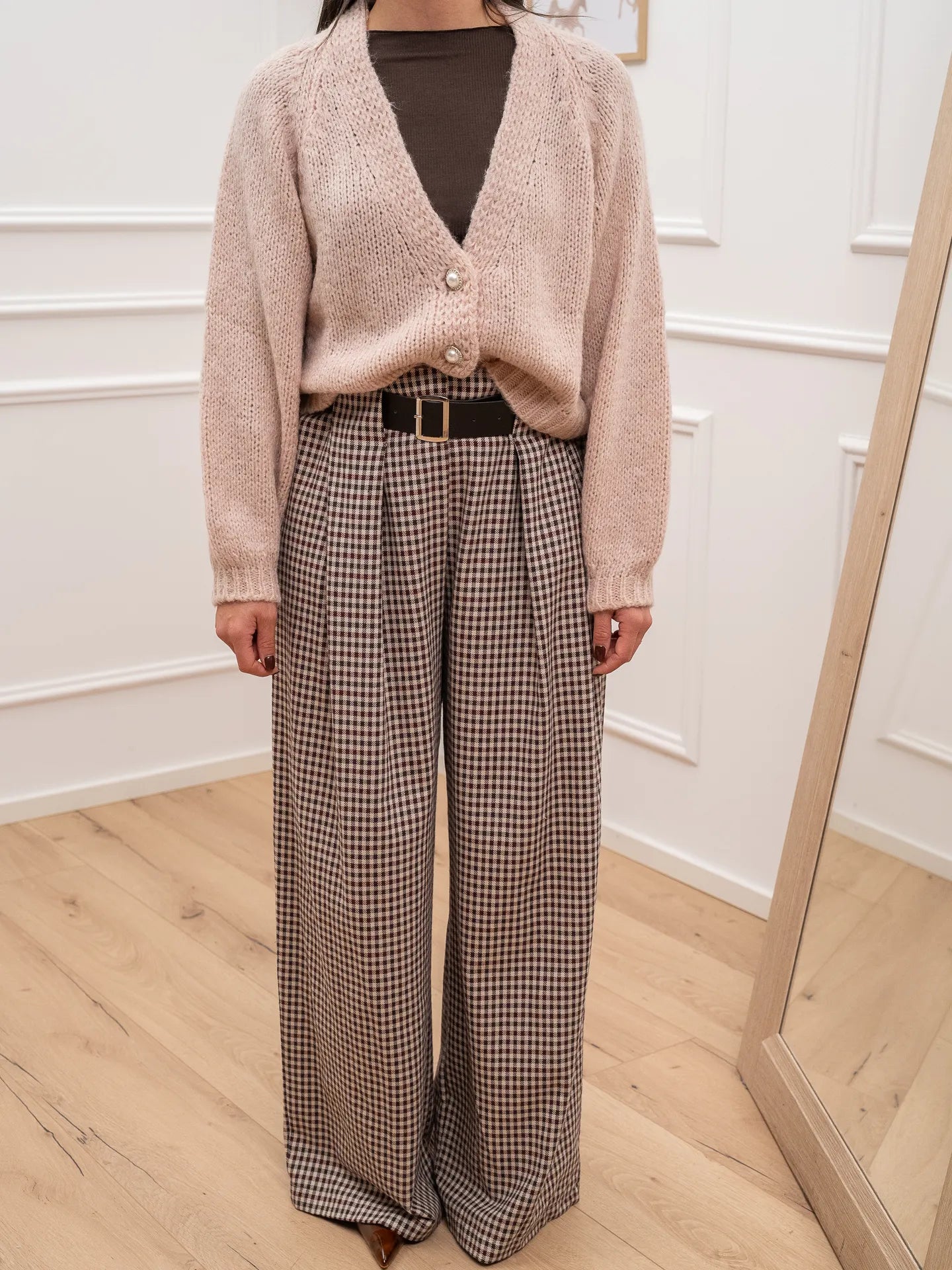 Pantalone micro check bordeaux con cintura - HaveOne