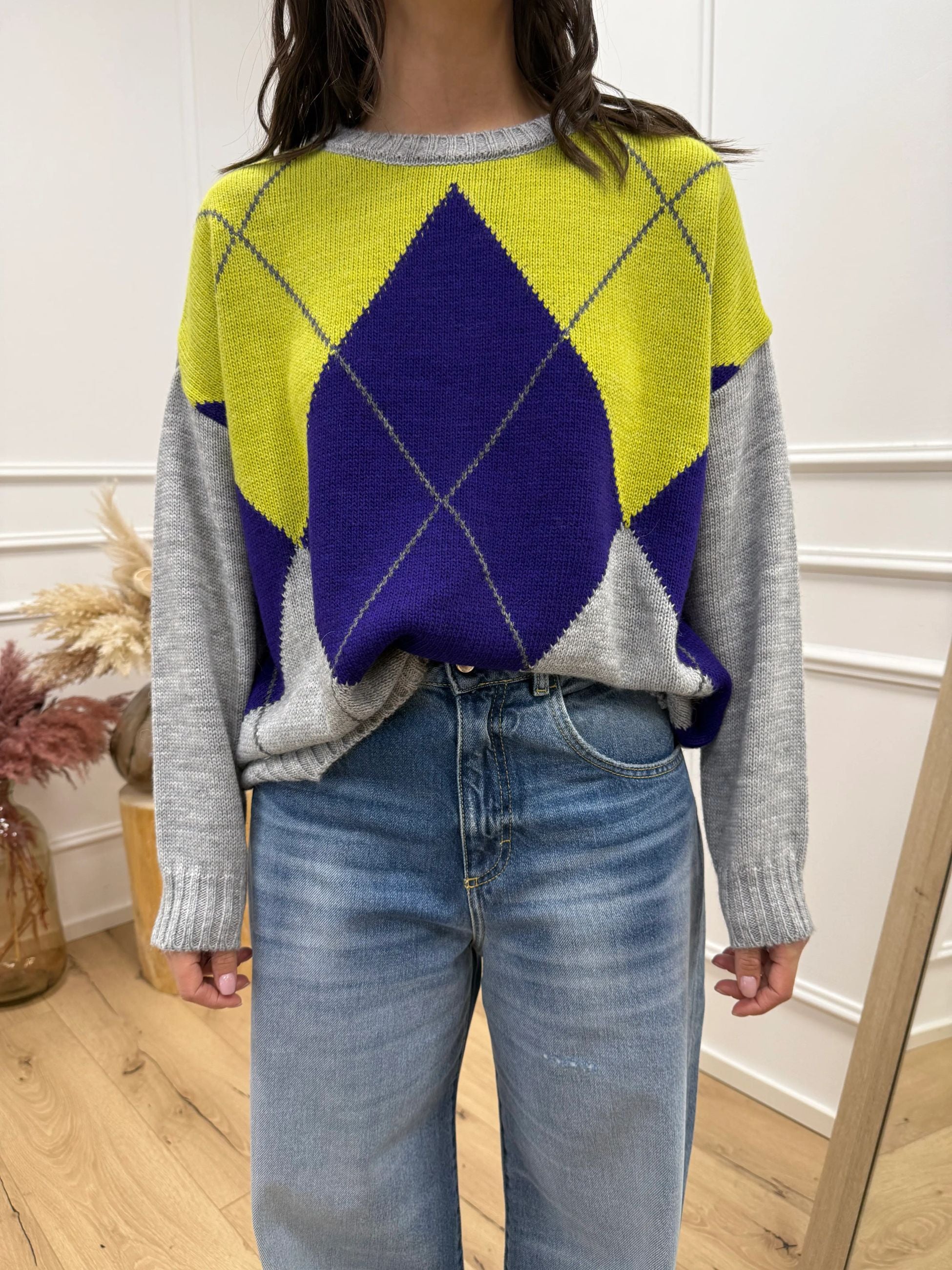 Maglia over rombi grigio, viola, lime e antracite - HaveOne