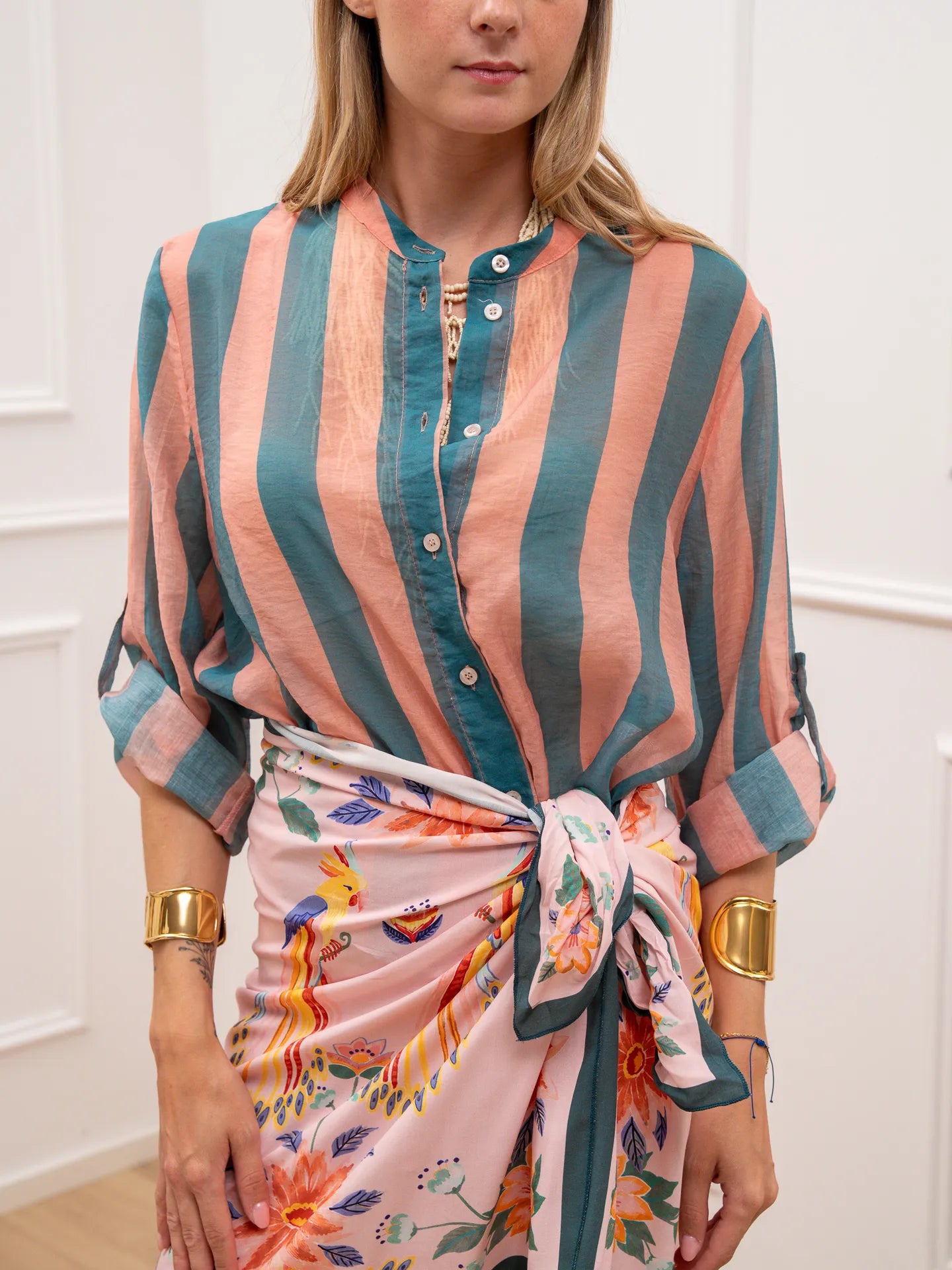 Camicia riga larga ottanio e rosa in lyocell - HaveOne