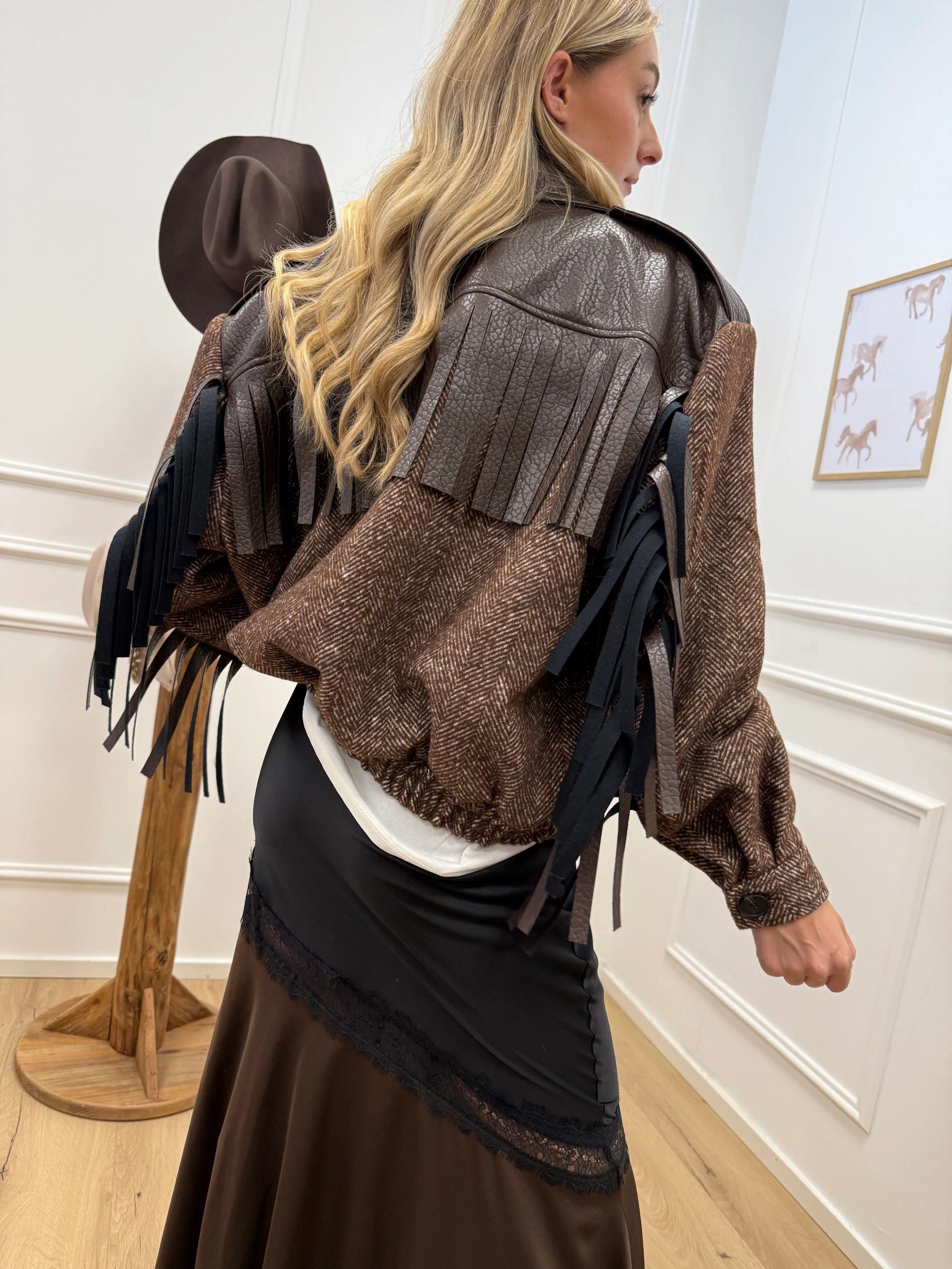 Bomber in ecopelle e lana moro con frange - HaveOne