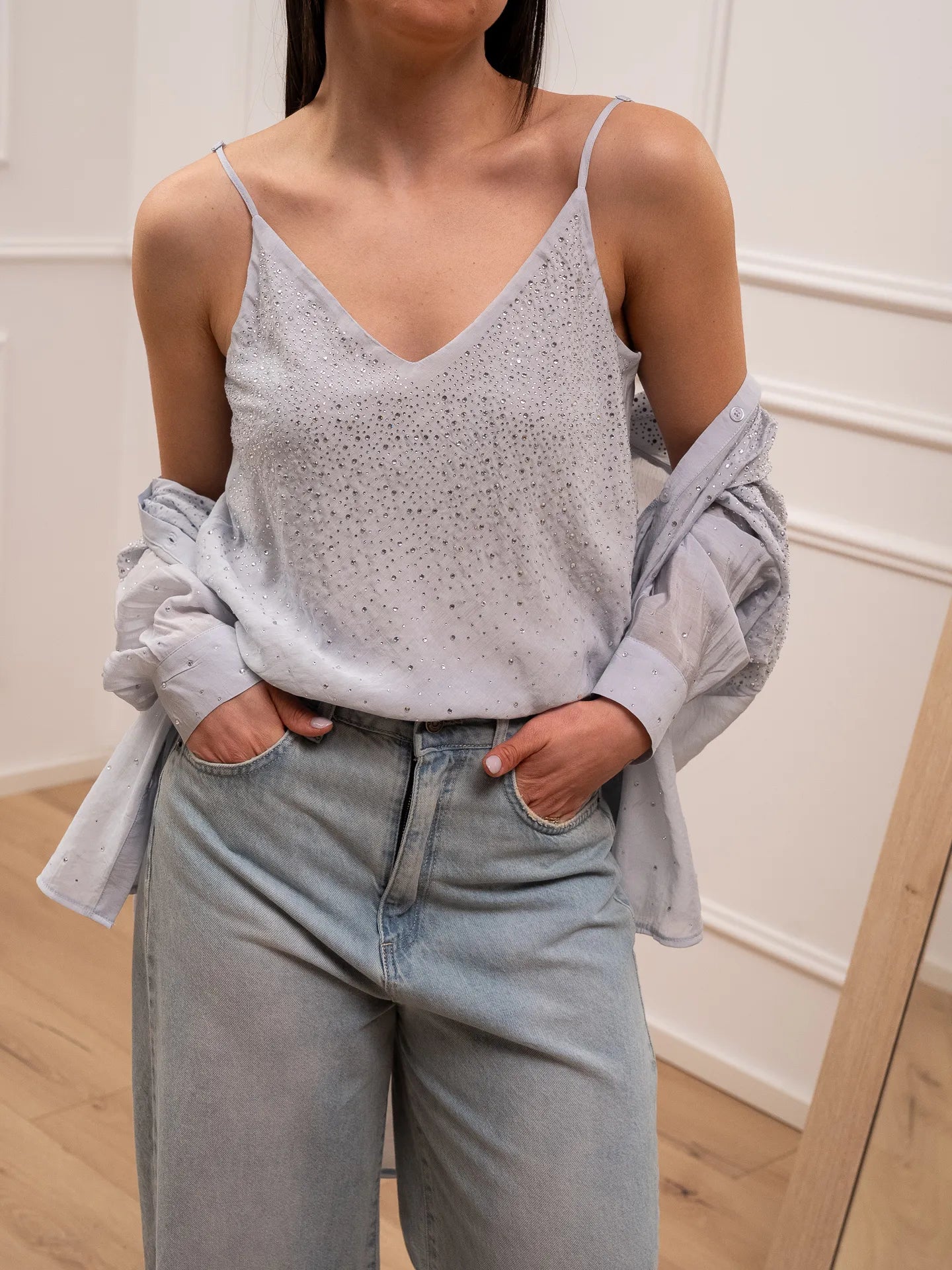 Top celeste in mussola con strass - You Decide