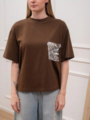 T shirt mezza manica cioccolato con tasca paillettes - Tensione In