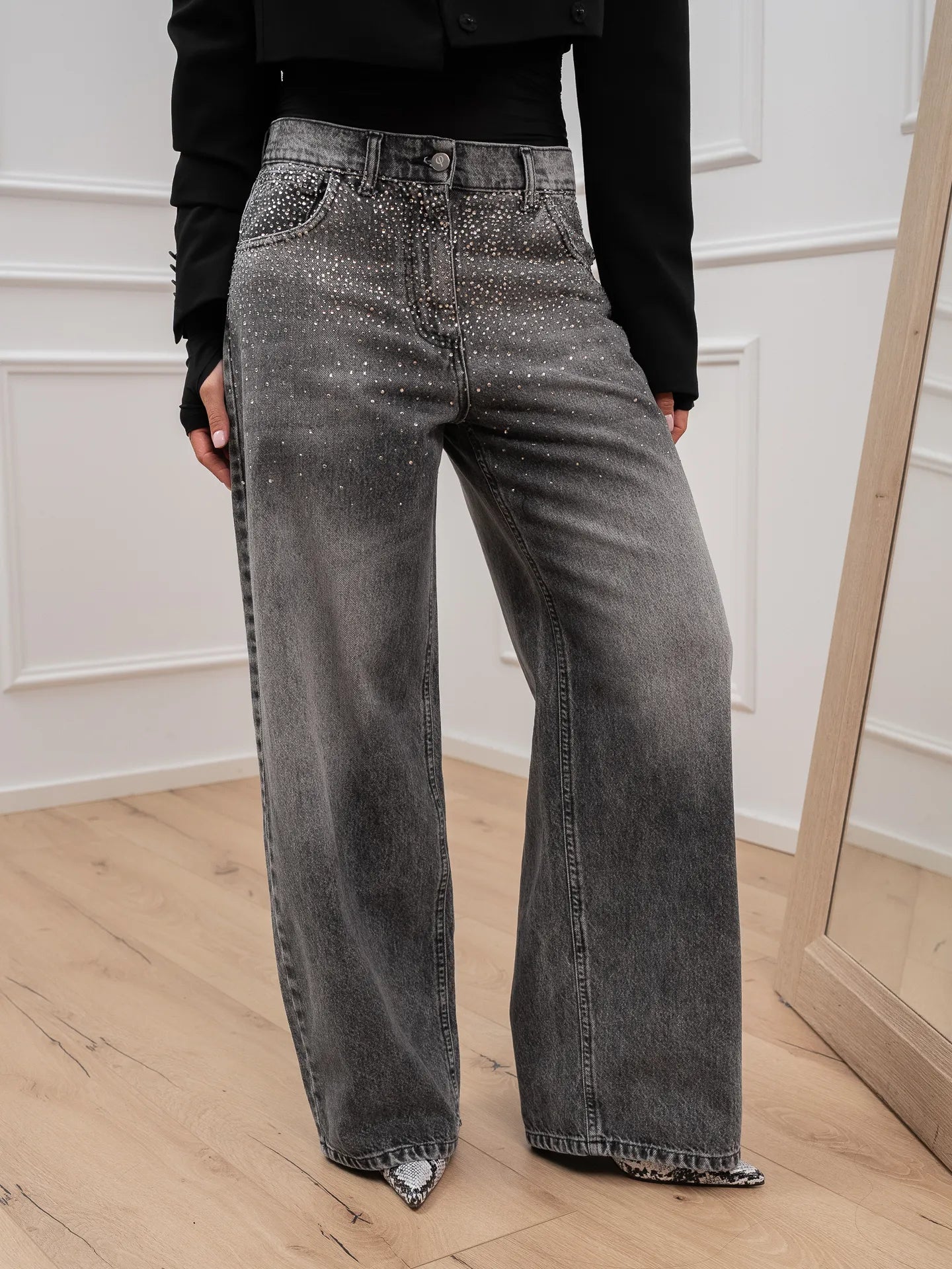 Jeans grigio con strass a cascata - Philia Loft