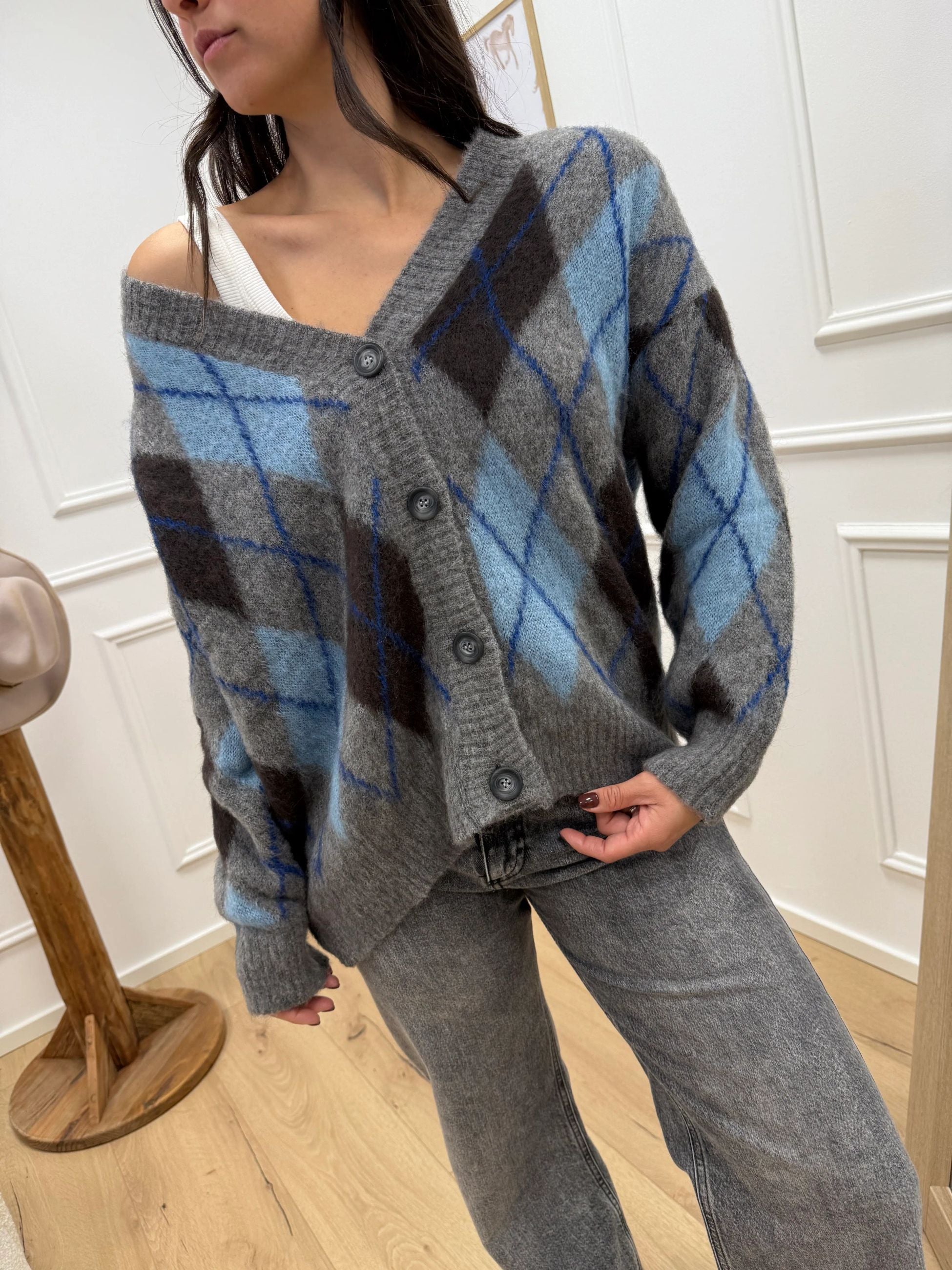 Cardigan mohair rombi grigio, moka, azzurro - Tensione In
