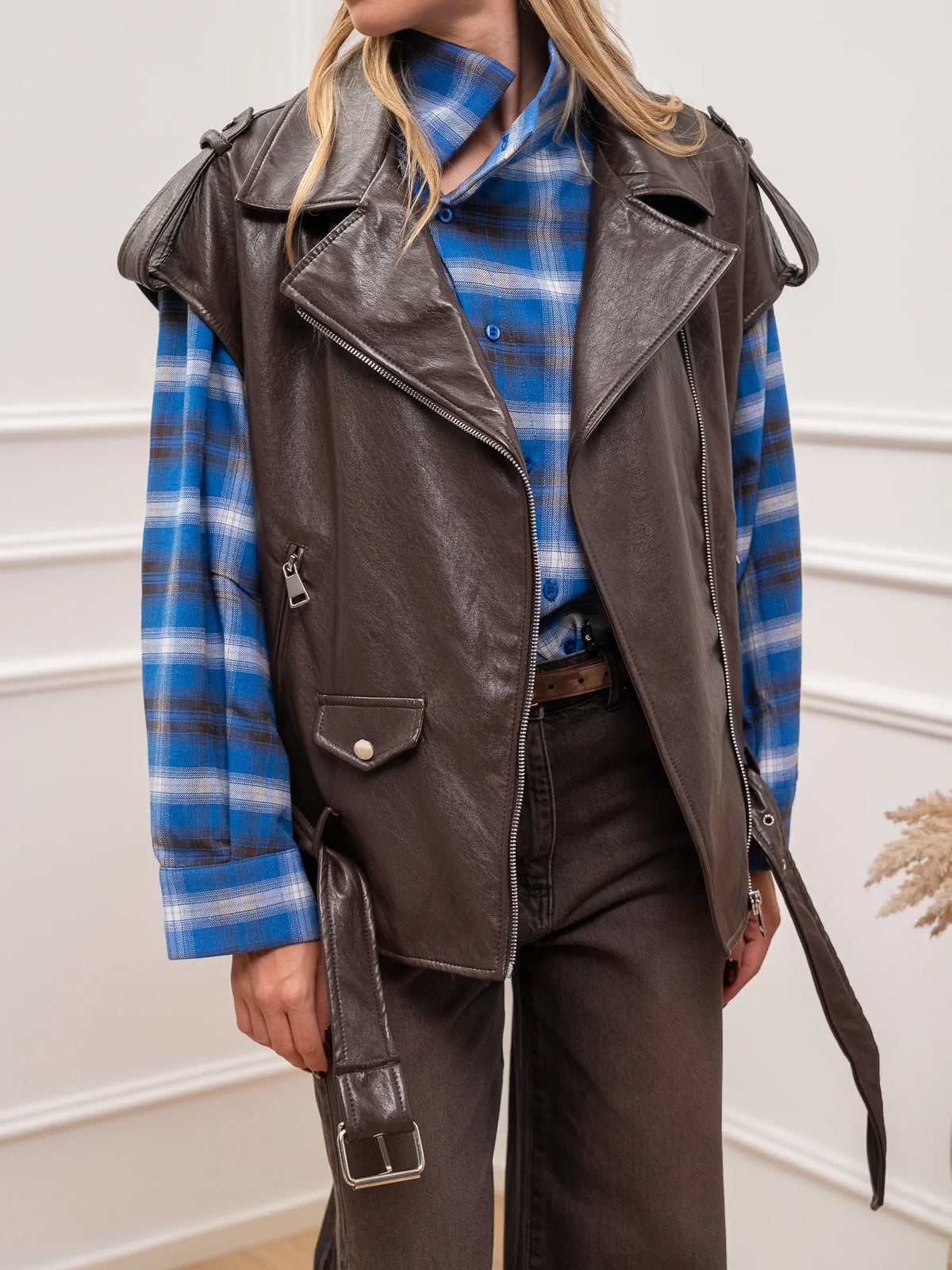 Gilet biker ecopelle martellata moro oversize - HaveOne