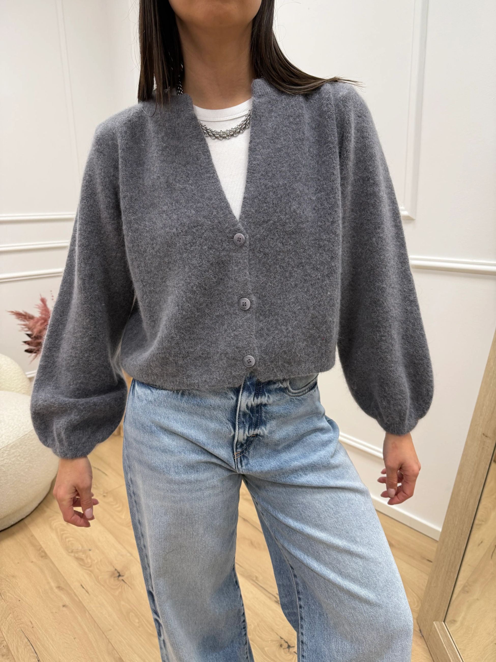 Cardigan misto angora grigio con spalle imbottite - Dixie