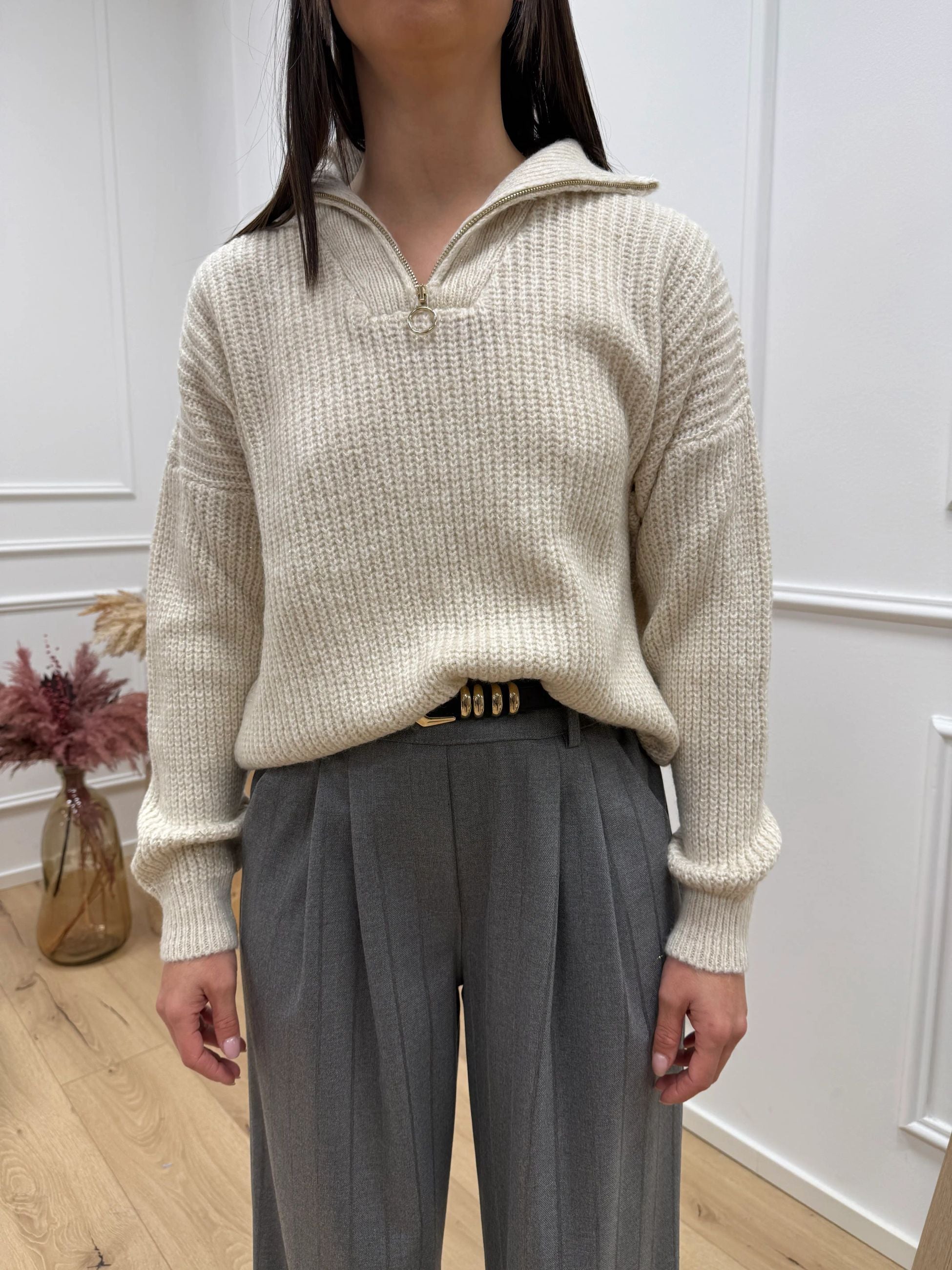 Maglia panna filo lamè oro con zip - HaveOne