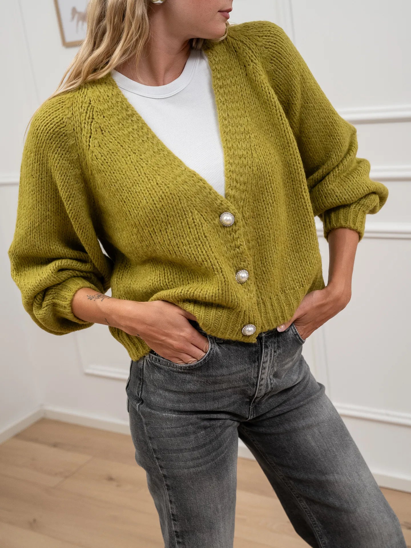 Cardigan olio tre bottoni gioiello - HaveOne