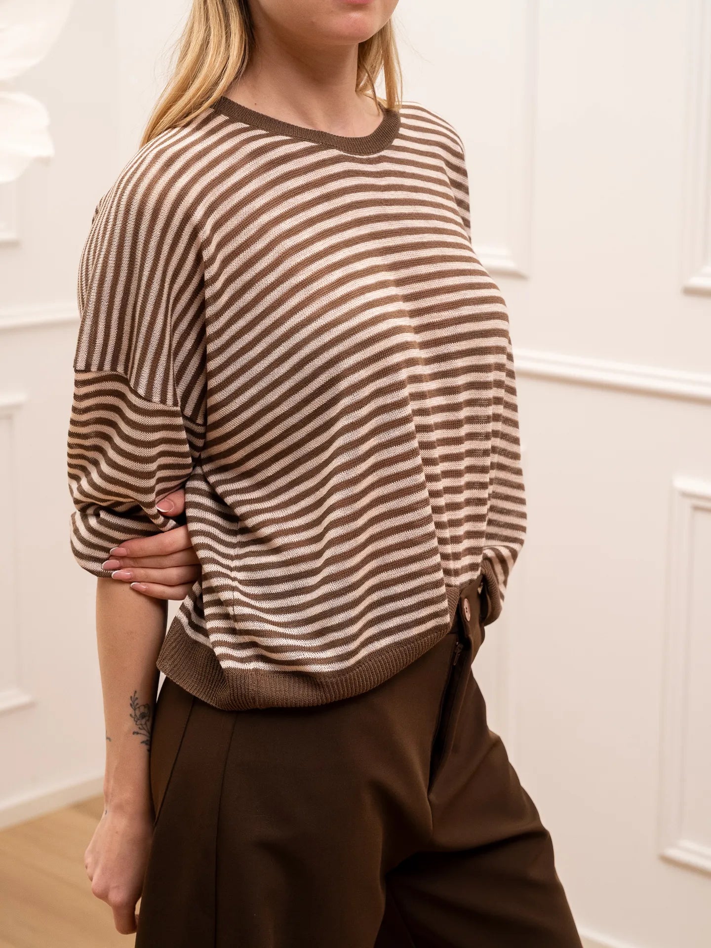 Maglia rigata cipria, moka viscosa leggera - Dixie