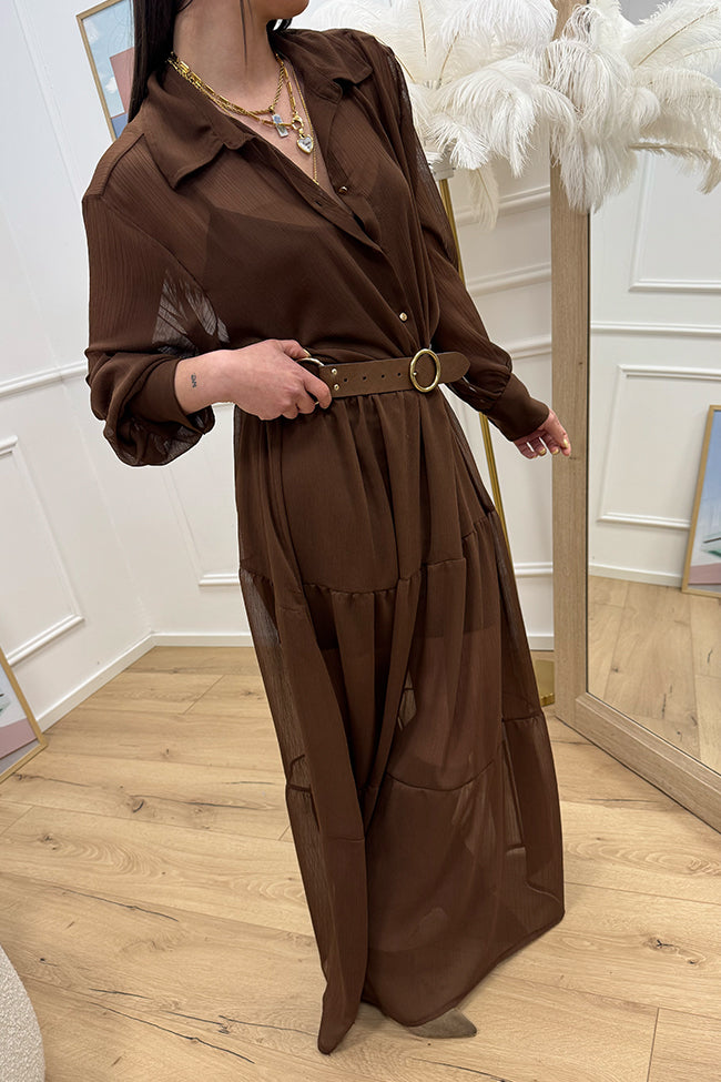 Vestito cioccolato con cintura e balze - HaveOne