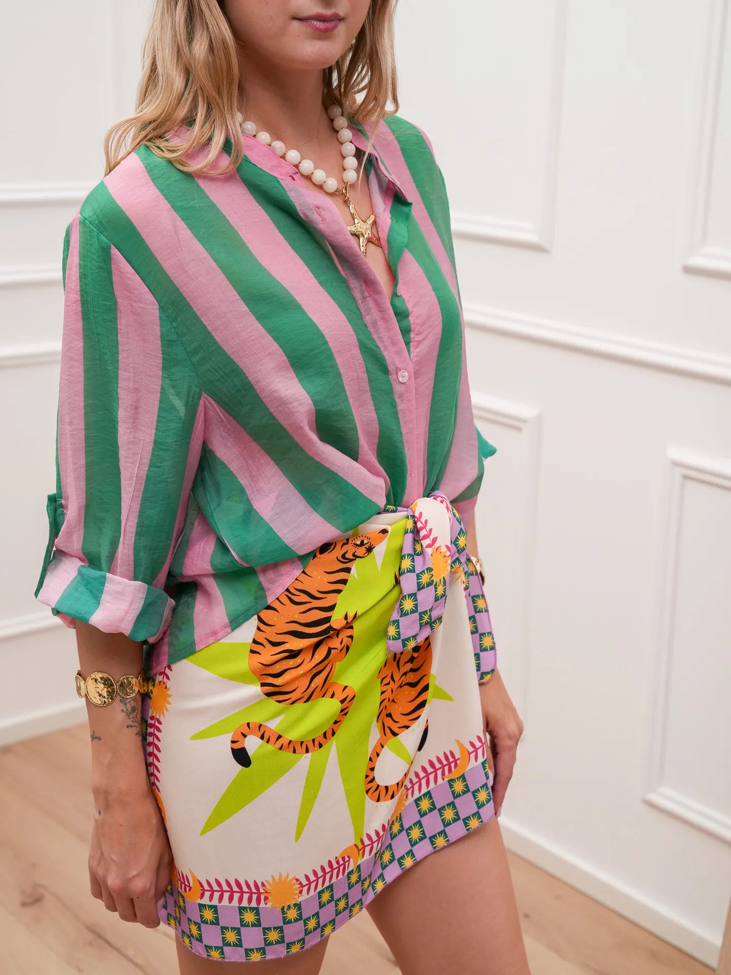 Camicia riga larga rosa e verde in lyocell - HaveOne