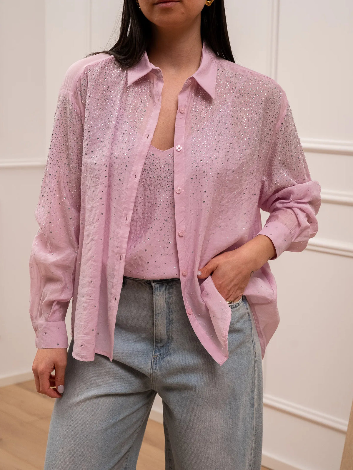Camicia rosa in mussola con strass - You Decide