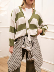 Cardigan morbido rigato verde e latte con laccio - HaveOne