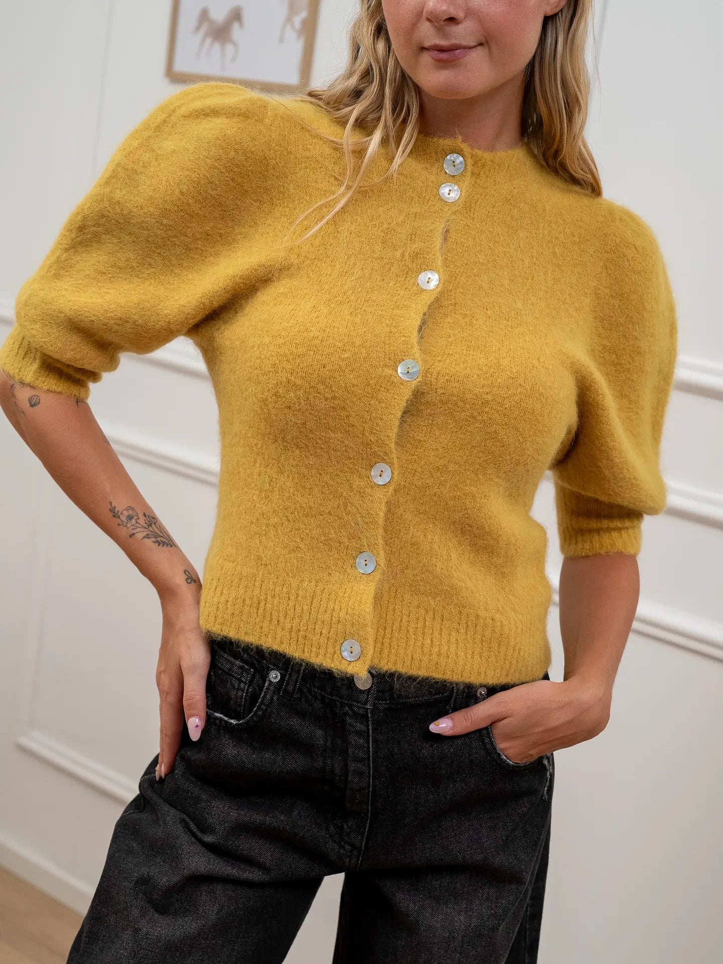 Cardigan mostarda manica balloon alpaca superfine - Kontatto