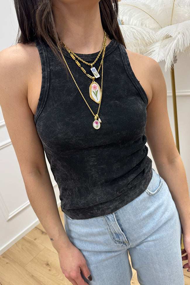 Canotta basic nero stonewash con rotture - Vicolo