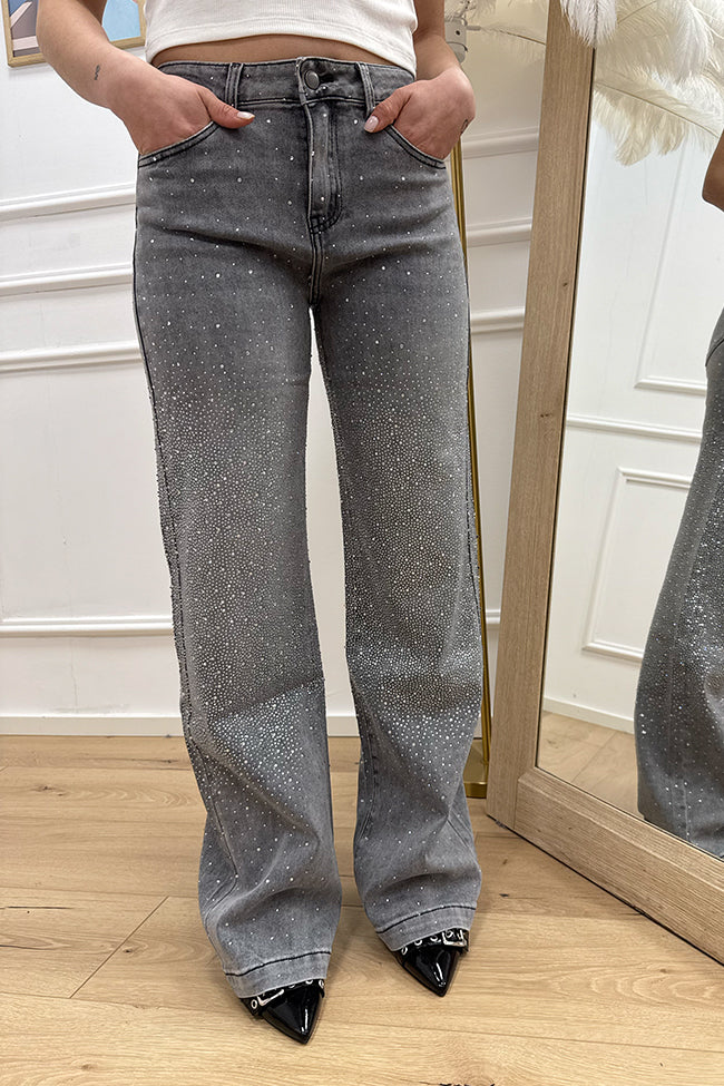 Jeans palazzo grigio con strass - Crispy
