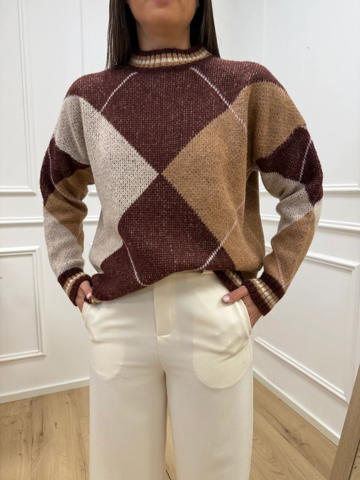 Maglia rombi bordeaux, budino, camel, rosa - HaveOne