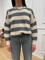 Maglia girocollo rigata grigio e crema - HaveOne