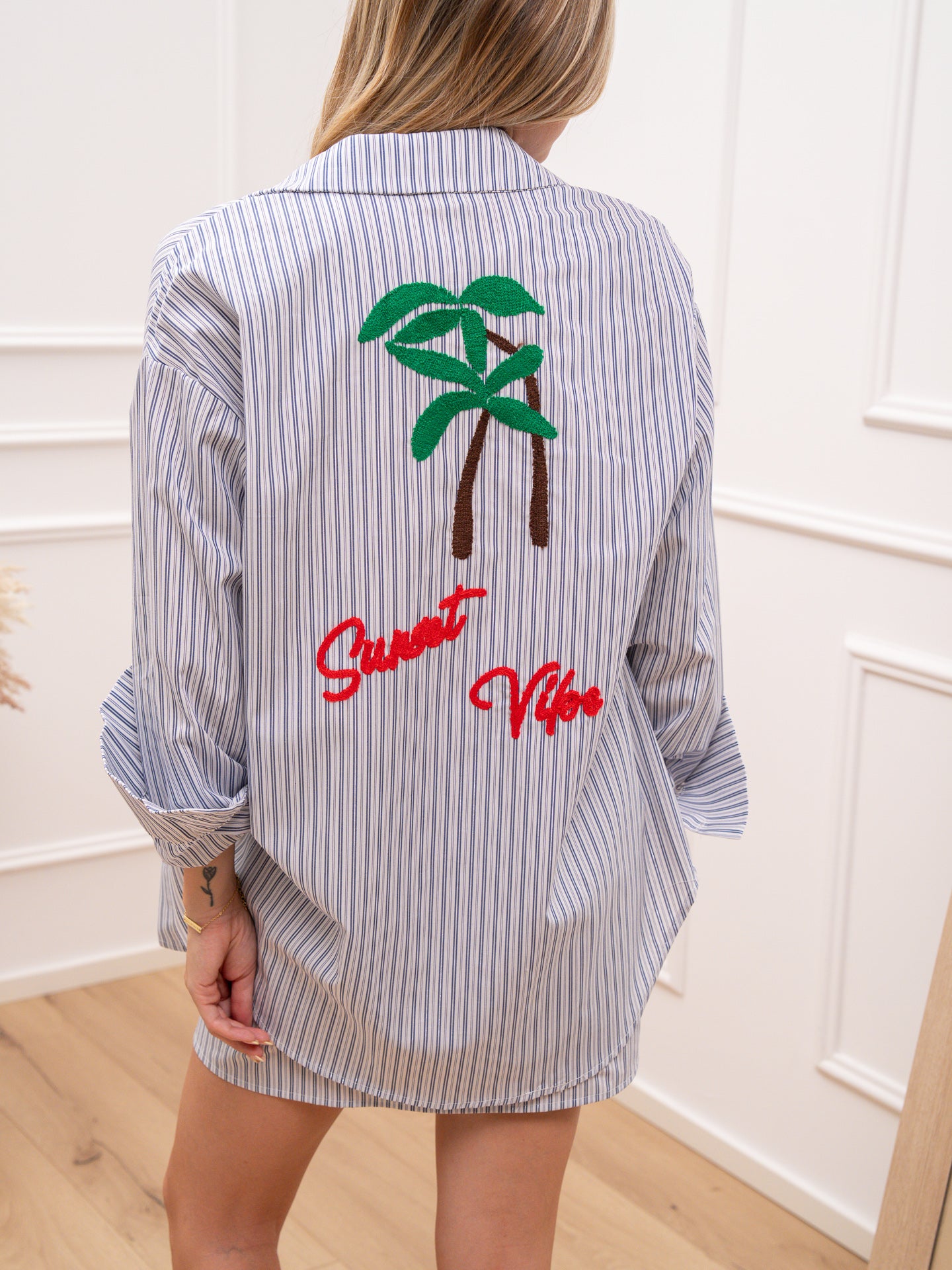 Camicia gessata celeste e blu patch Palma riga lamè - Vicolo