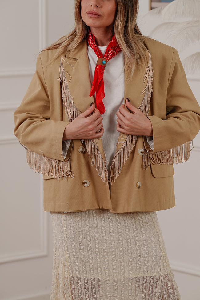 Giacca camel in cotone con frange - HaveOne