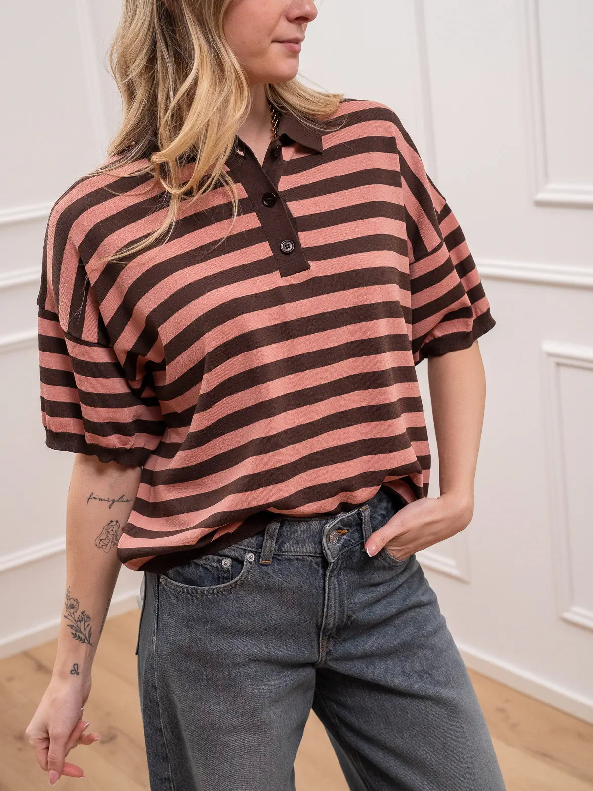 Polo in viscosa riga salmone e caffè - Vicolo