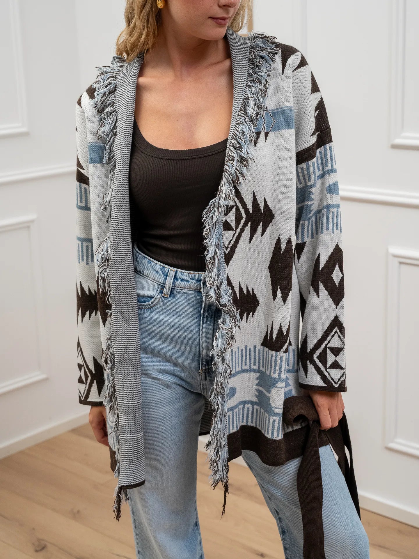 Cardigan carta zucchero e moka con frange - Vicolo