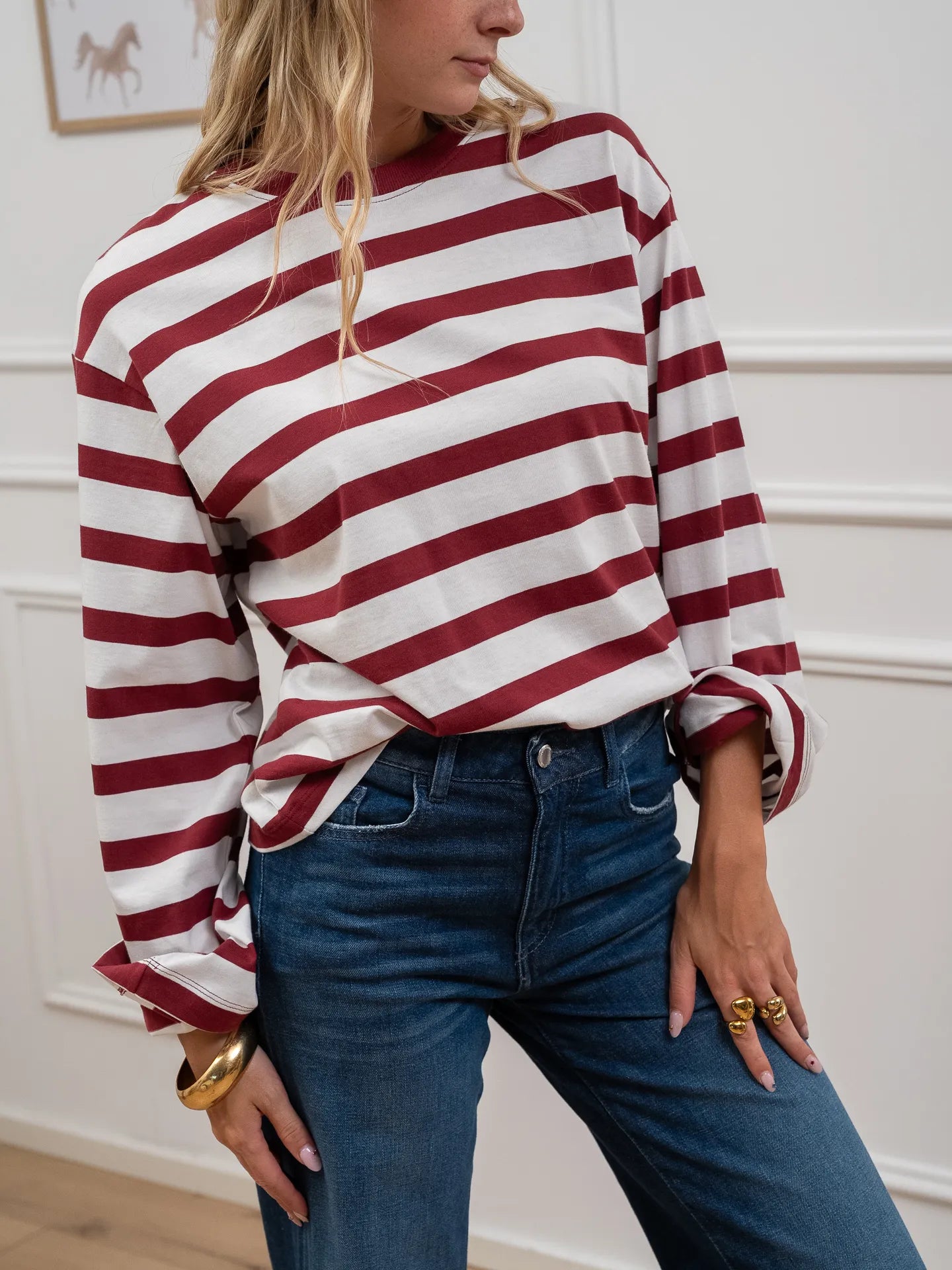 T shirt over rigata rossa e panna in cotone - JJXX