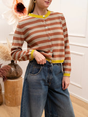Cardigan girocollo rigato cognac, taupe e giallo con bottoni - Crispy