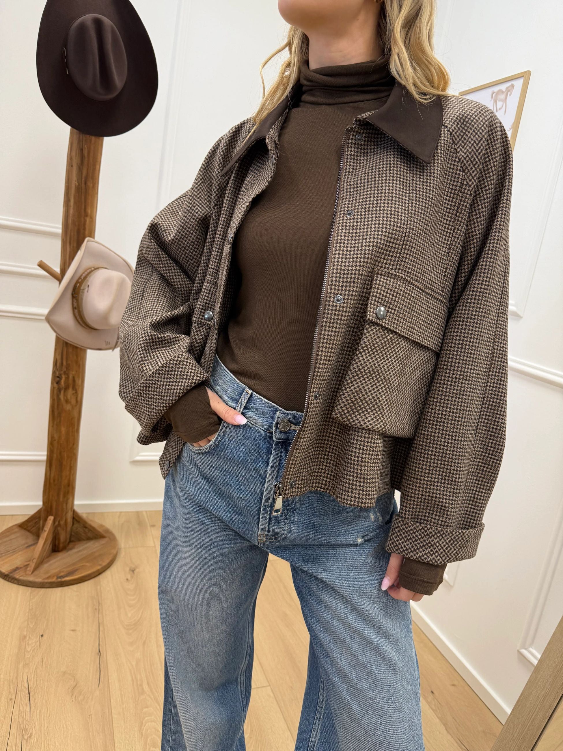 Bomber pied de poule beige, moro in lana - Dixie