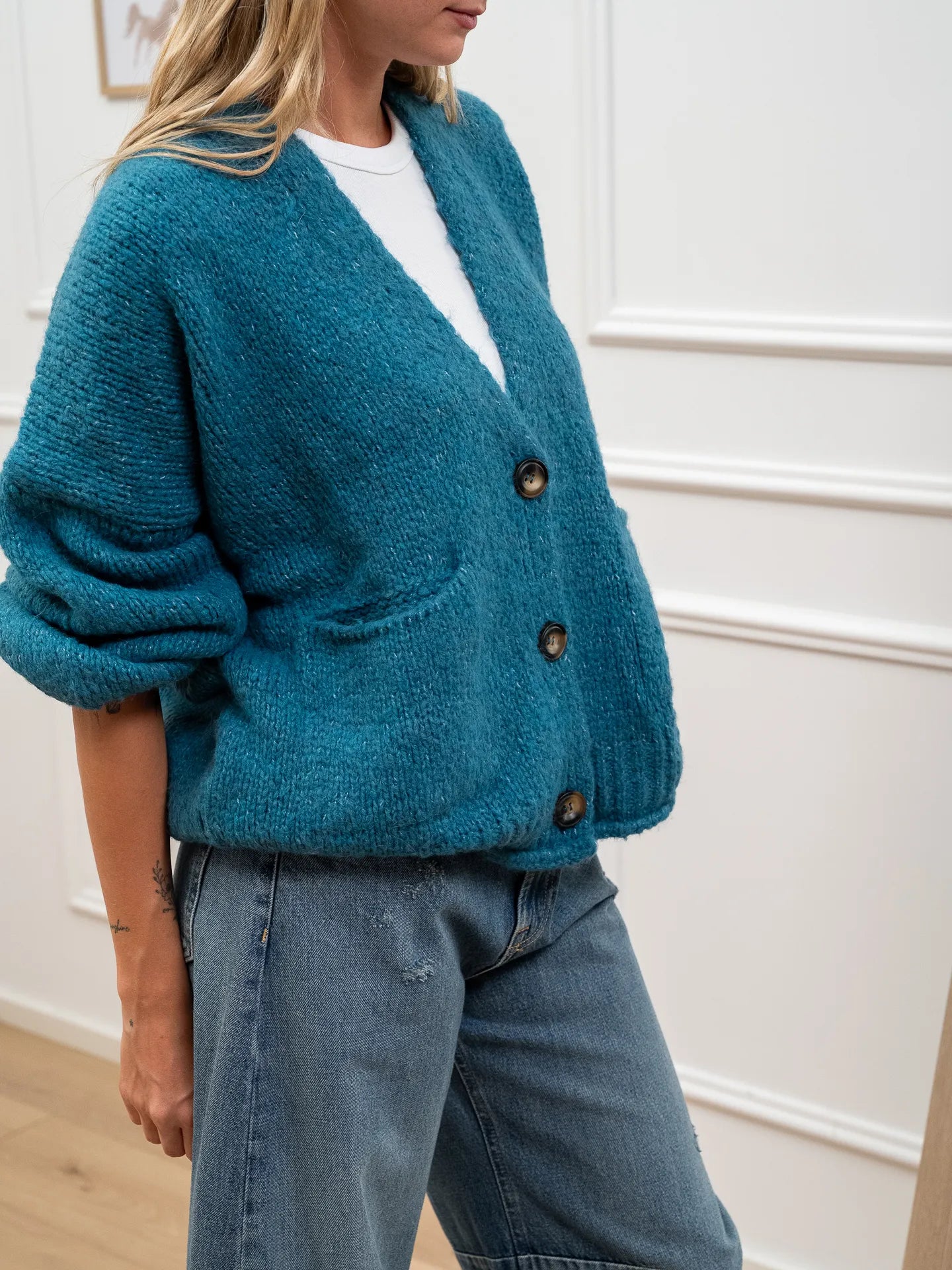 Cardigan ottanio a tre bottoni con taschine - HaveOne