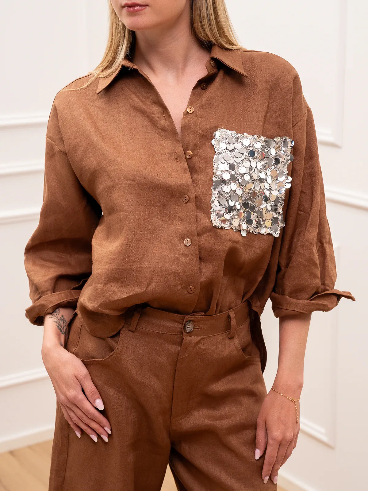Camicia Dreamer bruciato in lino tasca paillettes - Tensione In