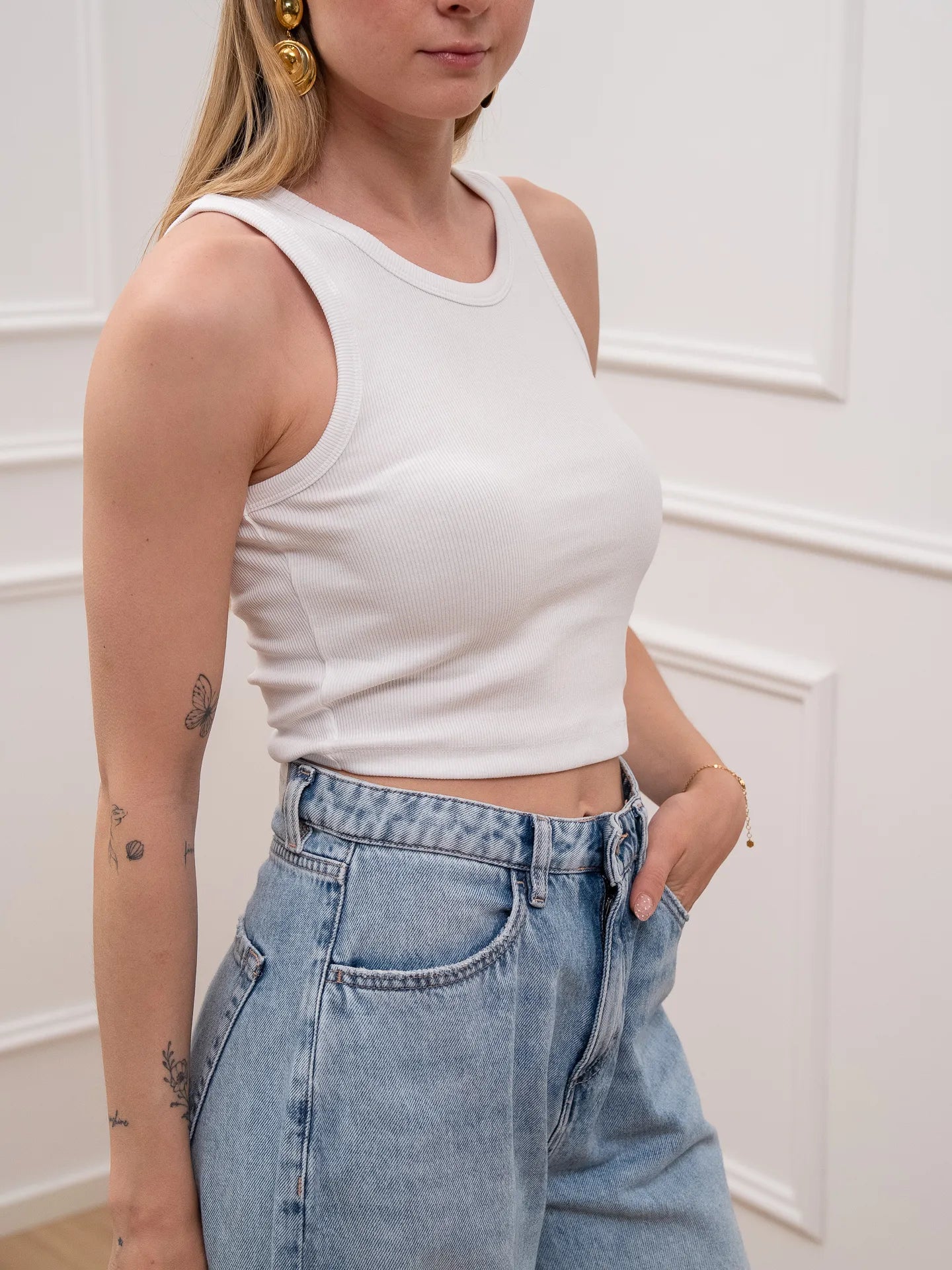 Canotta Fallon crop bianca a costine - JJXX