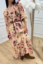 Vestito lungo blush floreale con rouches - Dixie